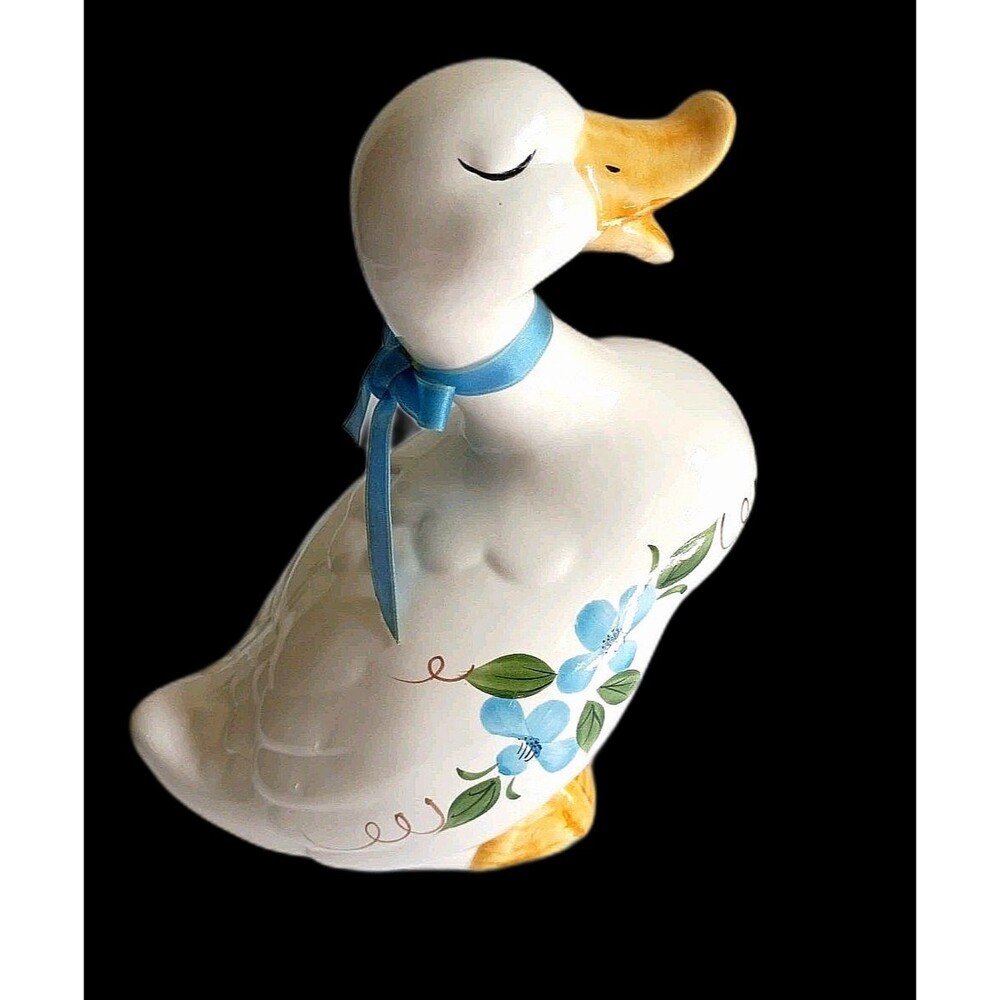 Vintage Ceramic Sitting Duck Goose Hand Painted Blue Floral Figurine 8" Country